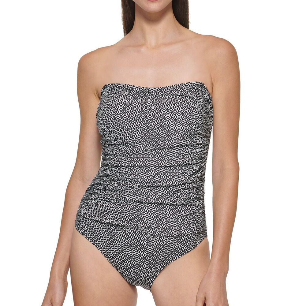 DKNY Women's 1-Piece Swimsuit  Size XL  Strapless Bandeau Maillot  Black Print